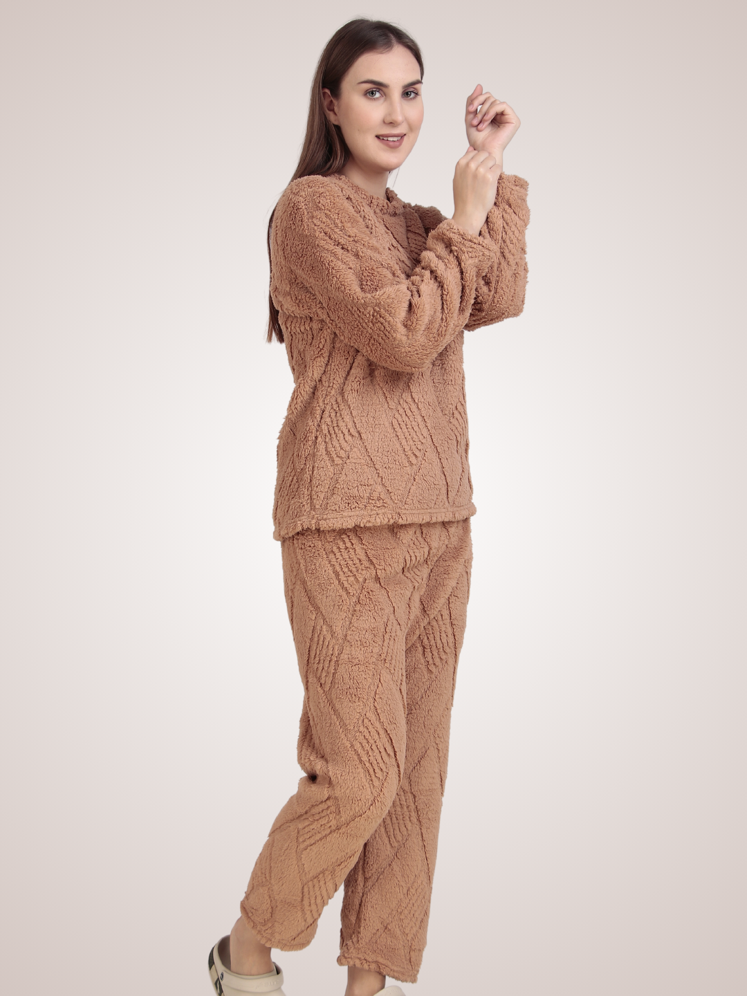 Beige Furry Stripes Nightsuit
