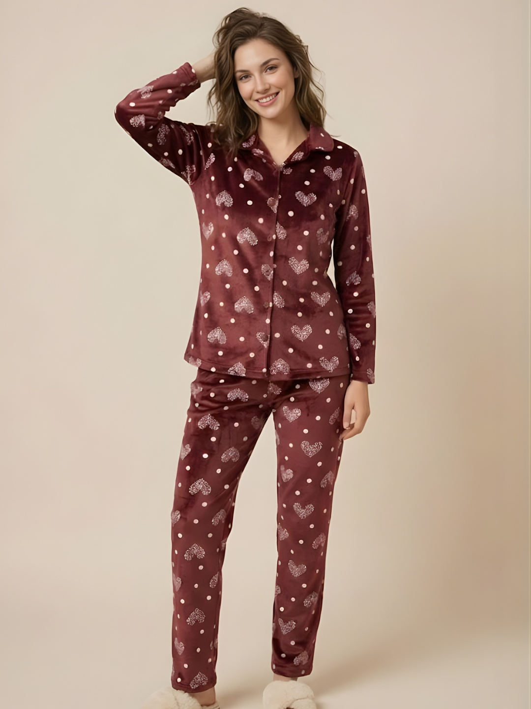 Coral Heart Velvet Nightsuit