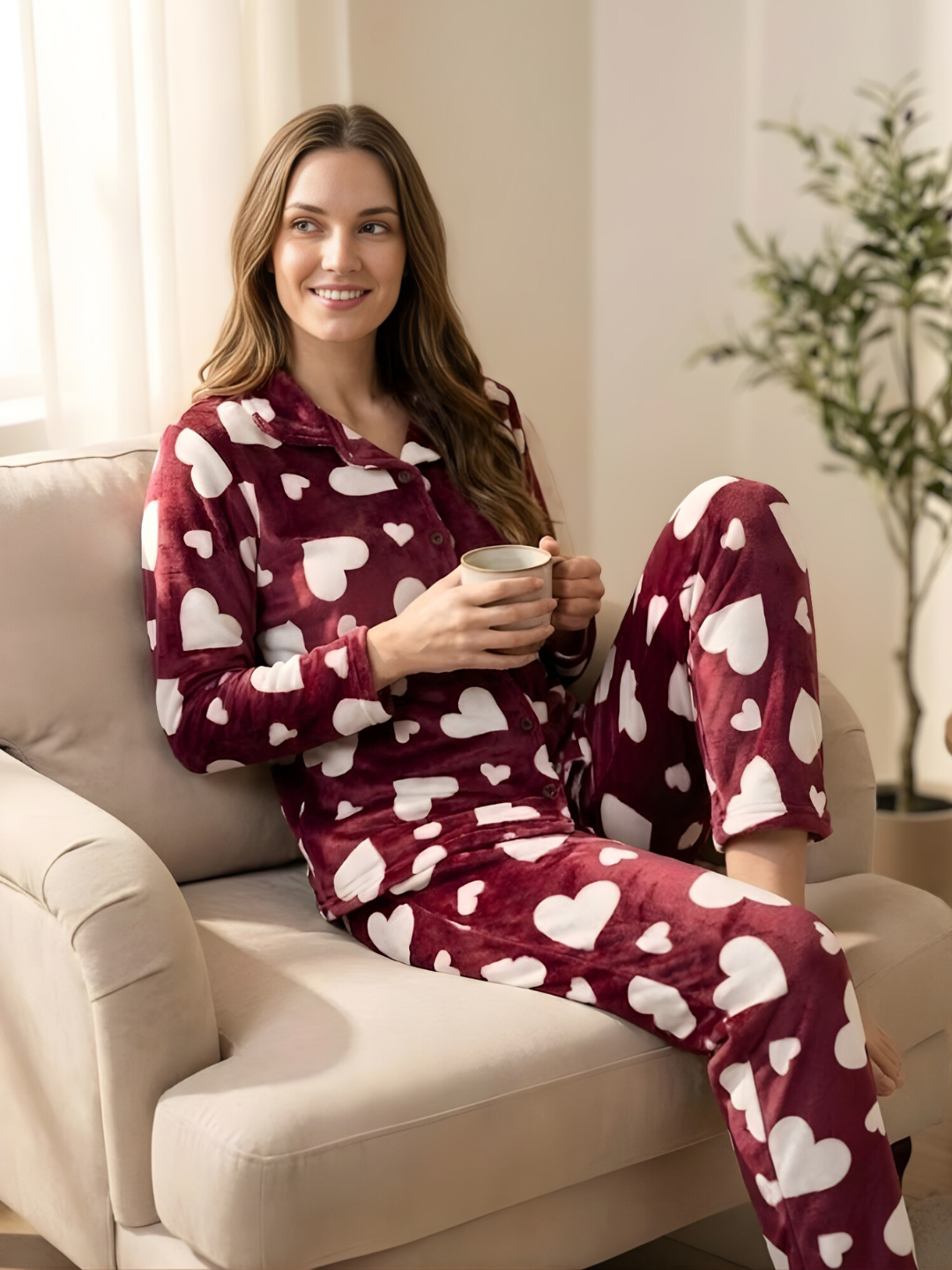 Maroon Heart Velvet Nightsuit