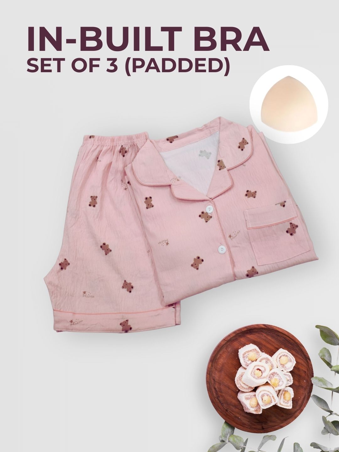 Pink Bear Padded Nightsuit Set (3PCS)