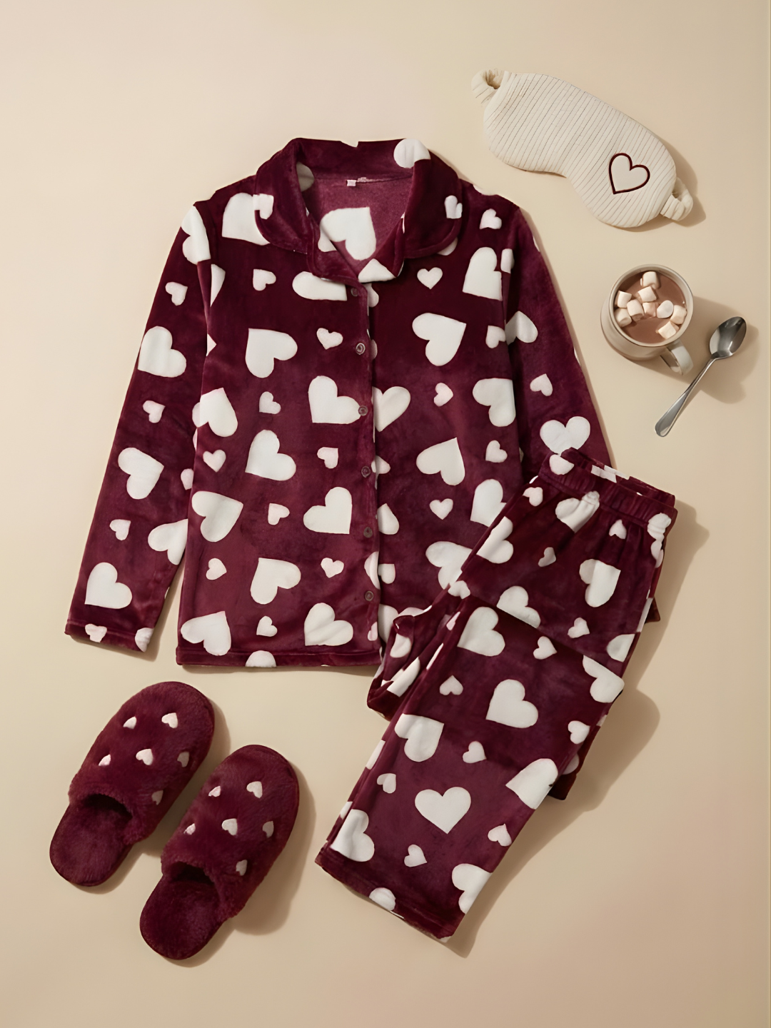 Maroon Heart Velvet Nightsuit