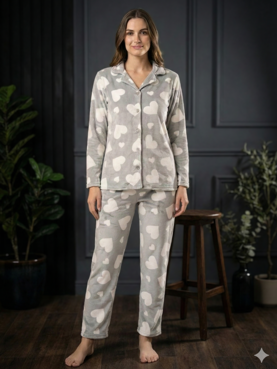 Icy Grey Heart Velvet Nightsuit
