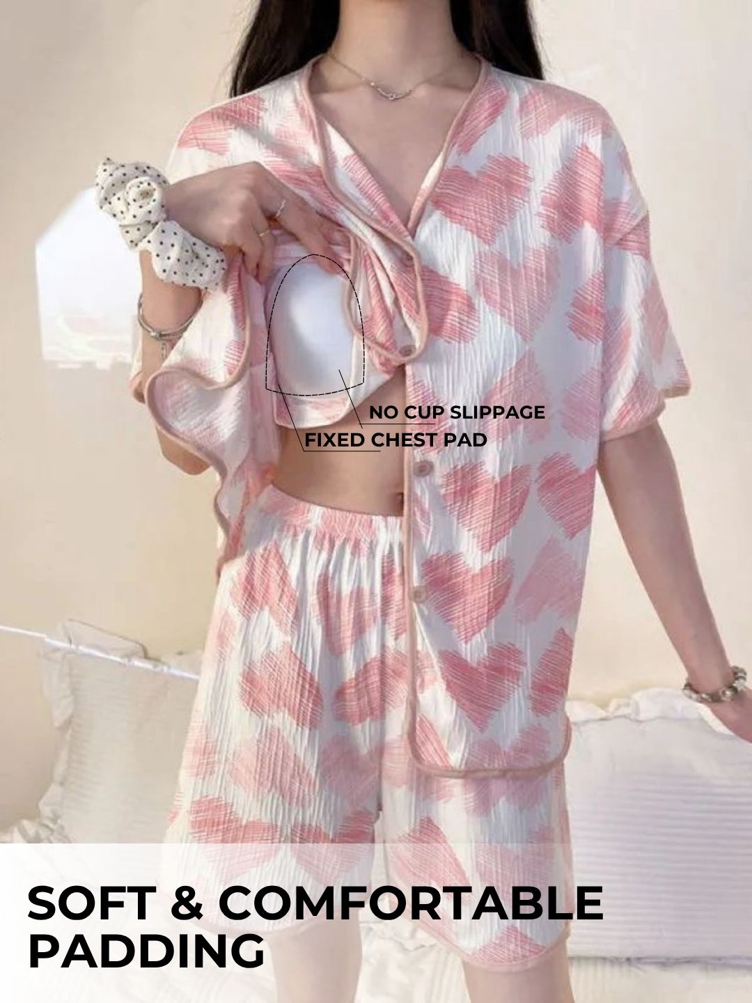 Blush Hearts Padded Nightsuit (3PCS)