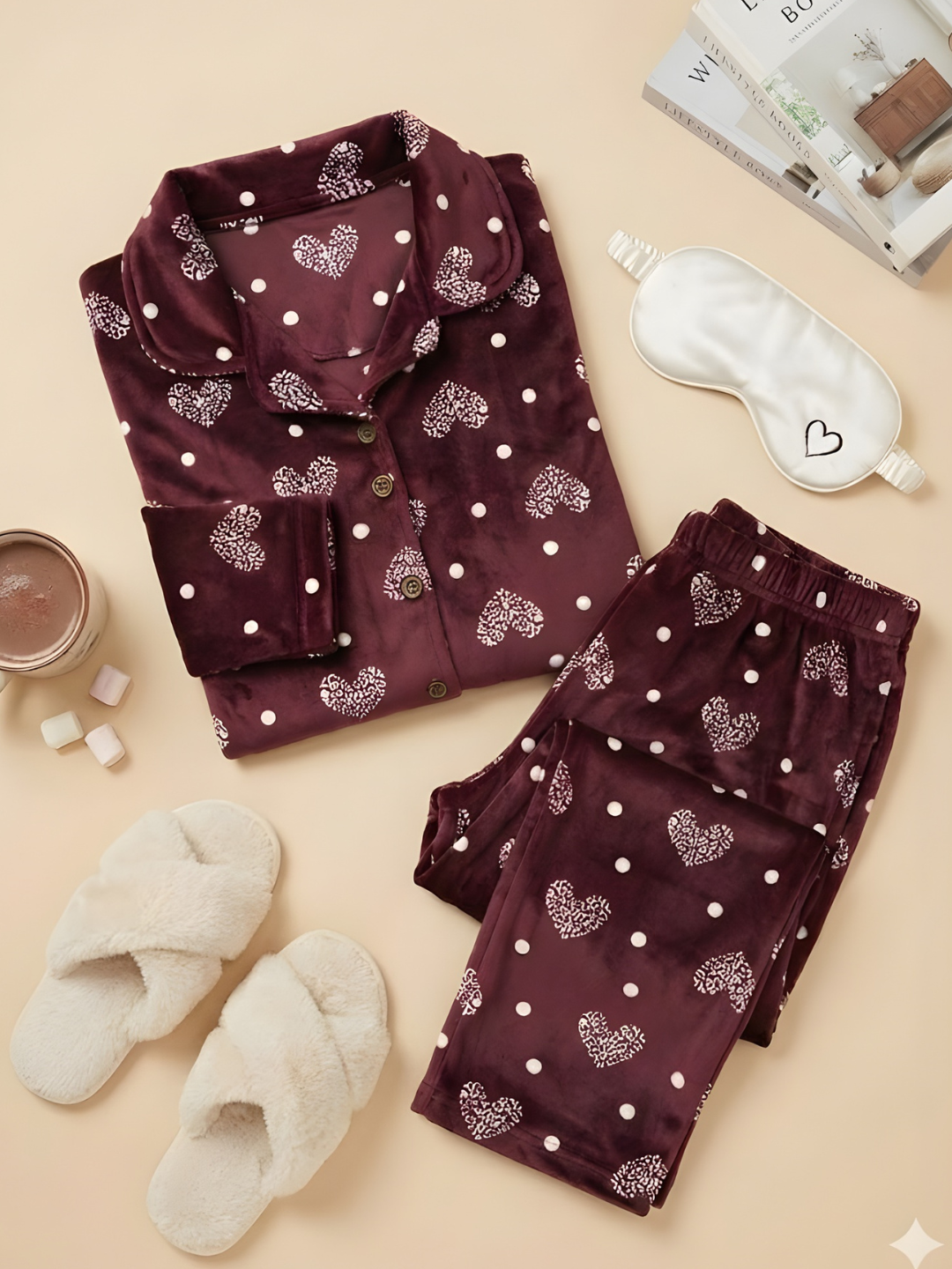 Coral Heart Velvet Nightsuit