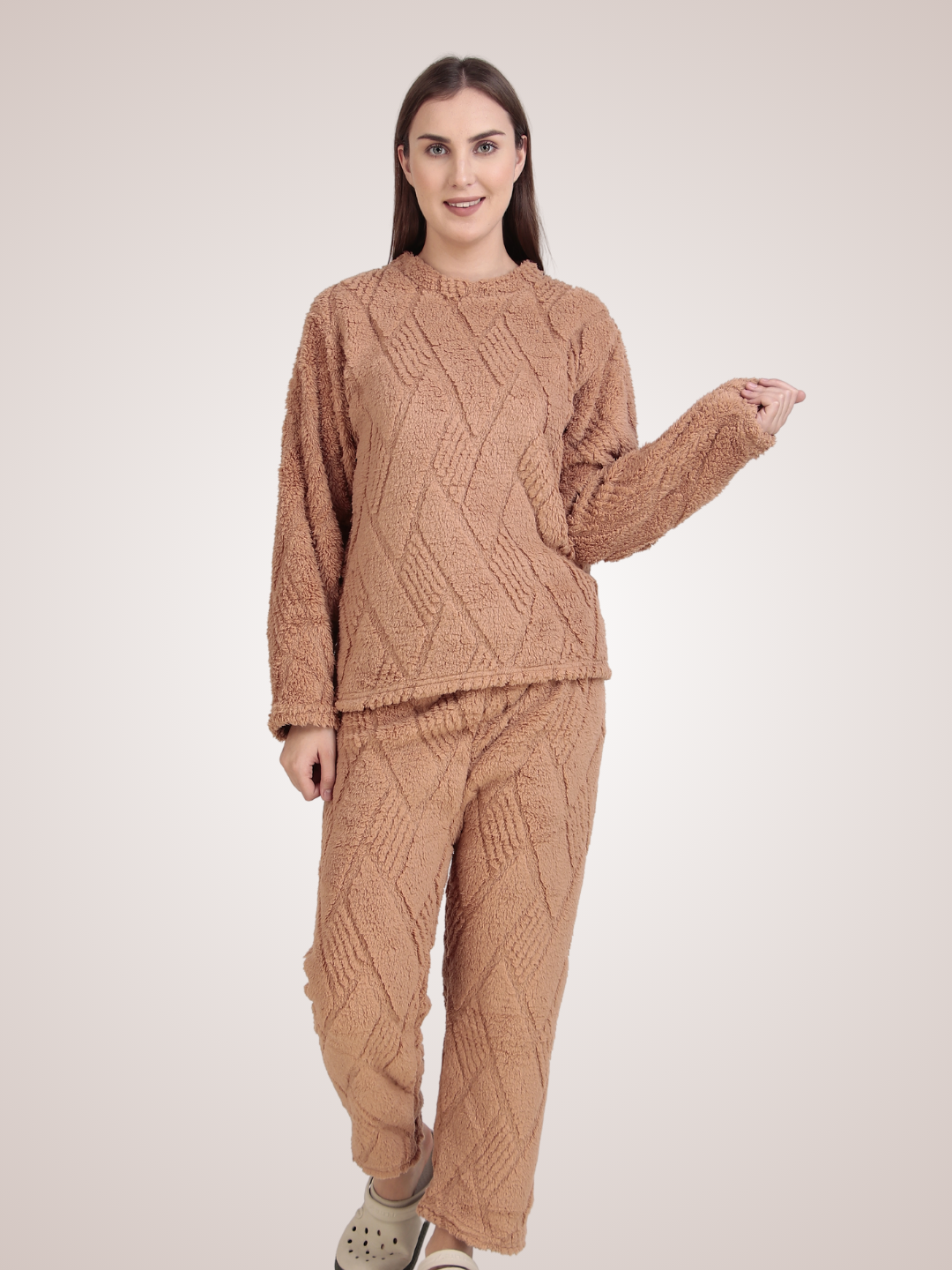Beige Furry Stripes Nightsuit