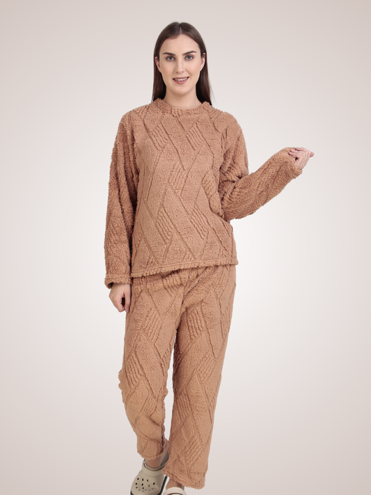 Beige Furry Stripes Nightsuit
