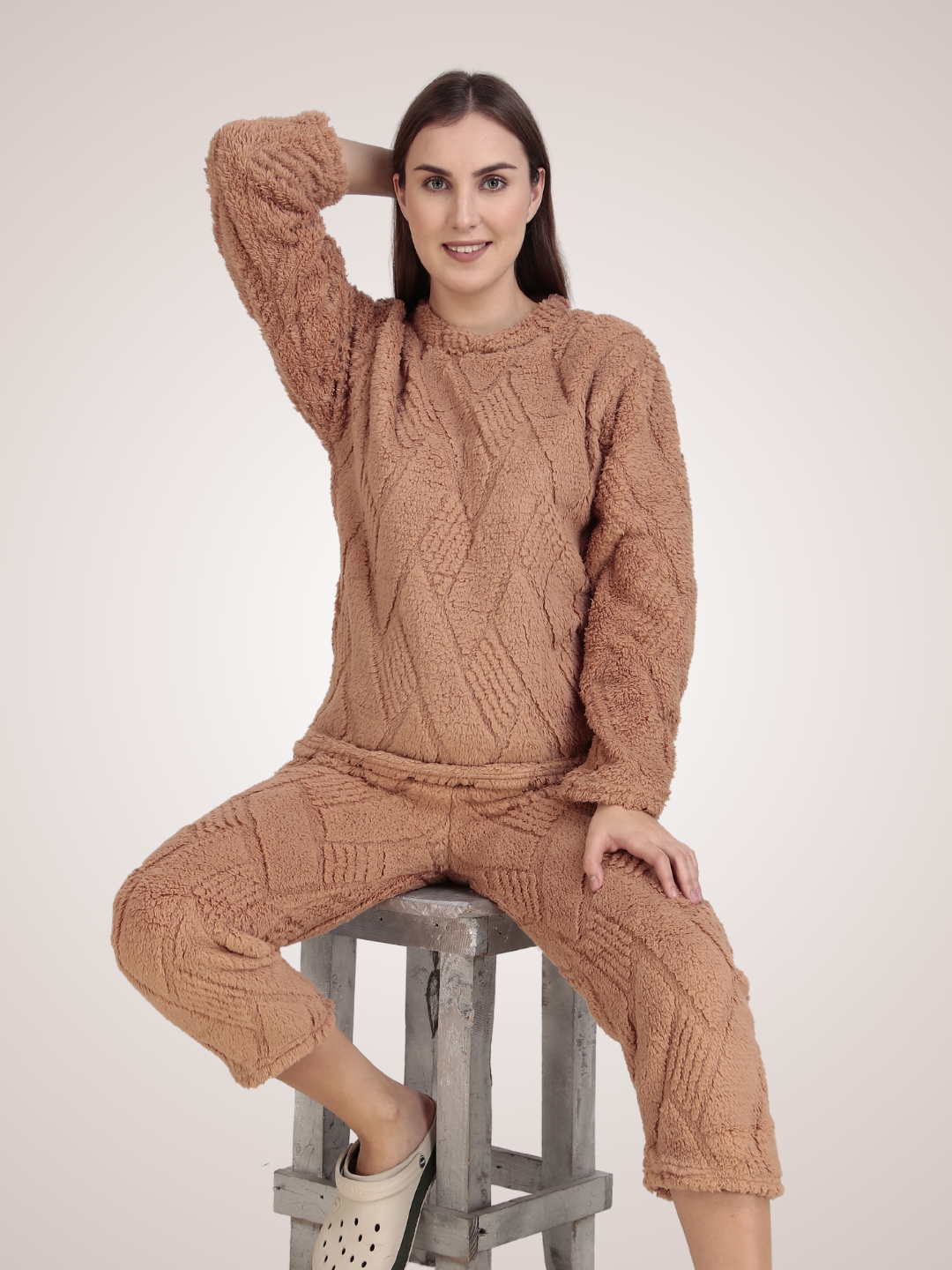 Beige Furry Stripes Nightsuit
