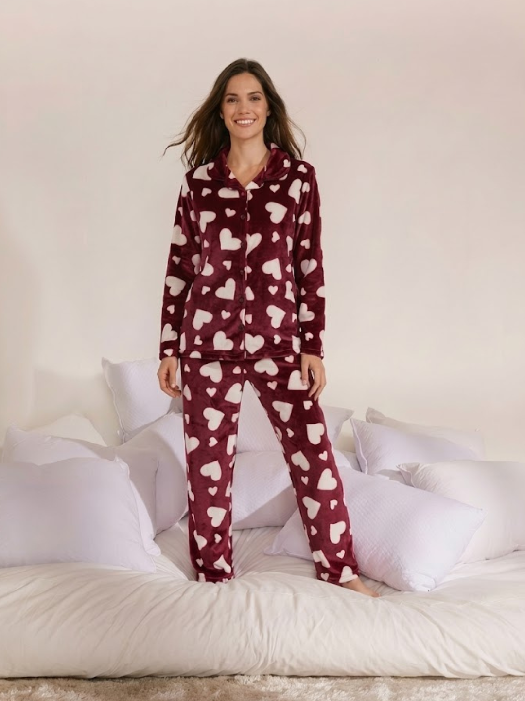 Maroon Heart Velvet Nightsuit