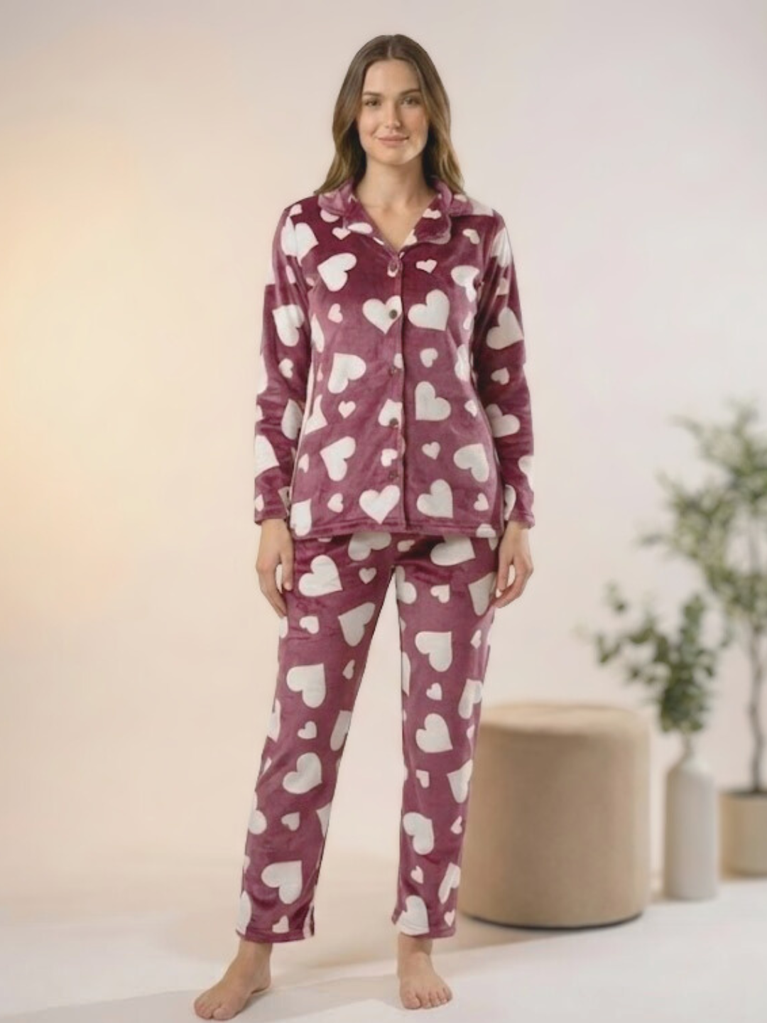 Dusk Pink Heart Velvet Nightsuit