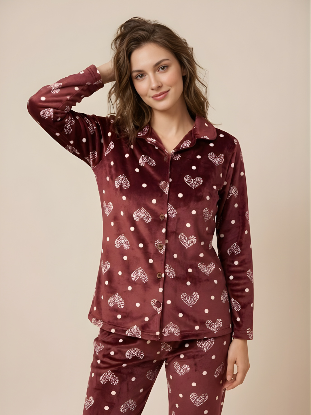Coral Heart Velvet Nightsuit