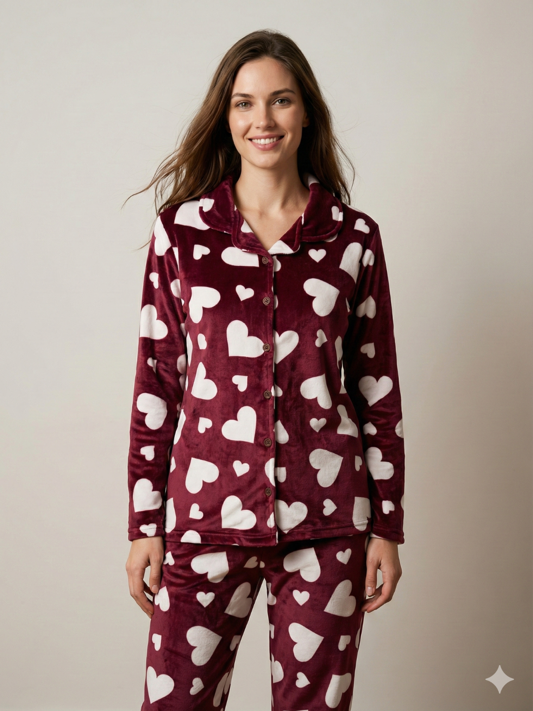 Maroon Heart Velvet Nightsuit