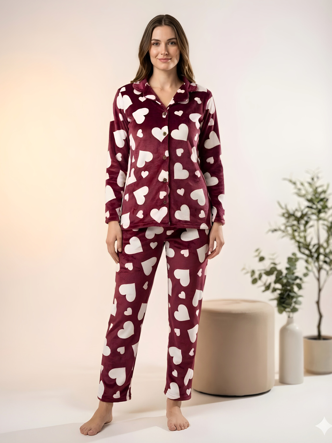 Maroon Heart Velvet Nightsuit